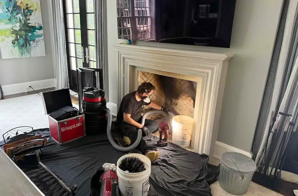 A man sits on a couch beside a fireplace, preparing to clean the chimney